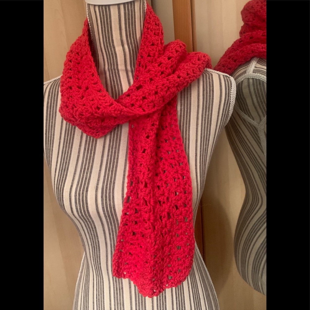 Hand made cherry-red crochet scarf
